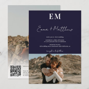 Initials navy blue simple 2 photos qr wedding invitation