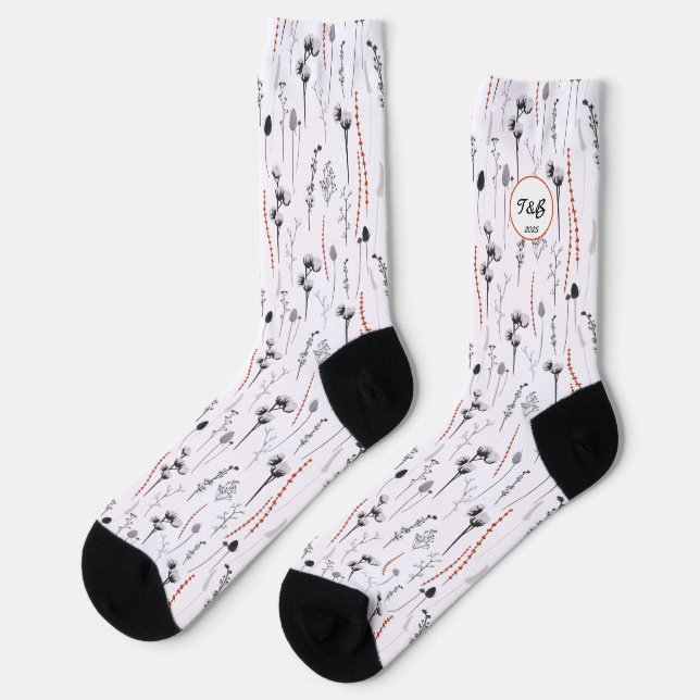 Initials on Black and White Flowers Socks (Left)