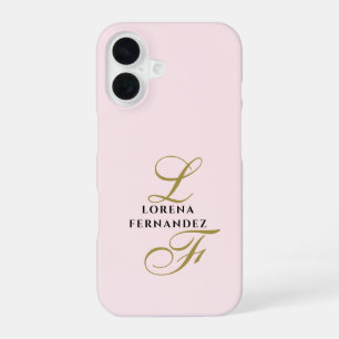 Initials Pastel Pink Minimalist Gold Calligraphy iPhone 16 Case