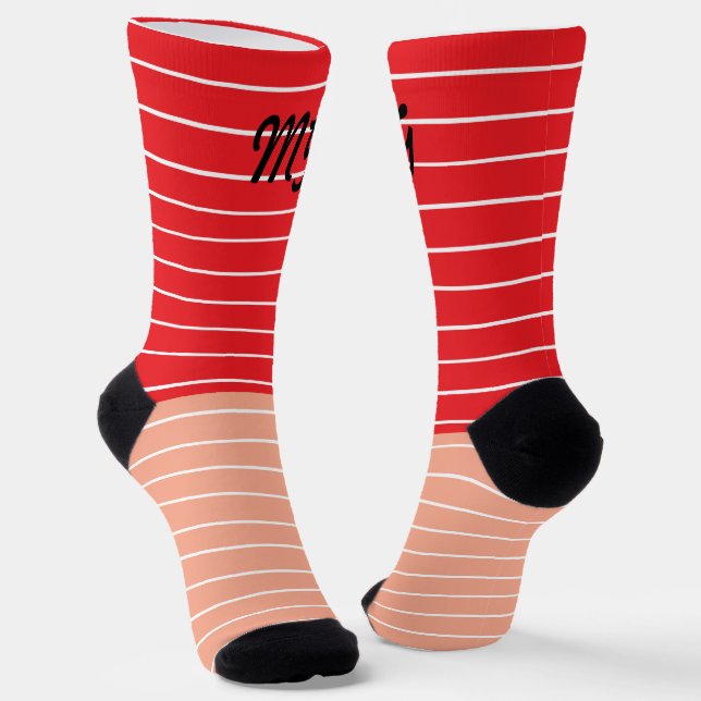 Initials Pretty stripes two tones pink red Elegant Socks (Angled)