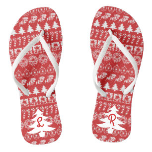 Initials   Red & White Iconic Christmas Pattern Thongs