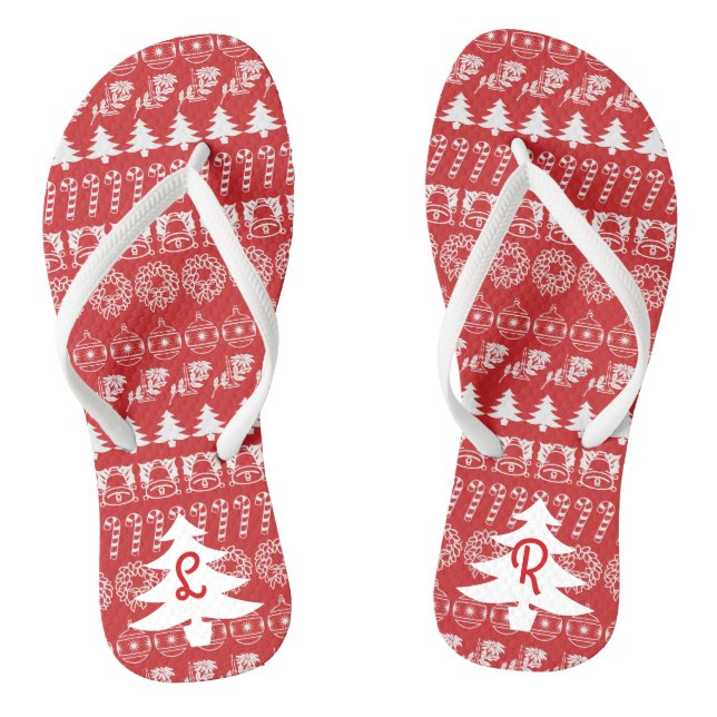 Initials | Red & White Iconic Christmas Pattern Thongs (Footbed)