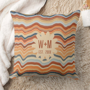 Initials Retro Stripes 70s Groovy Boho terracotta Cushion
