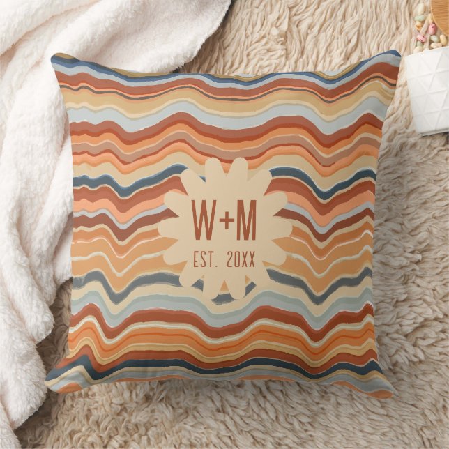 Initials Retro Stripes 70s Groovy Boho terracotta Cushion (Blanket)