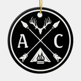 Initials Rustic Adventure Round Emblem Ceramic Ornament