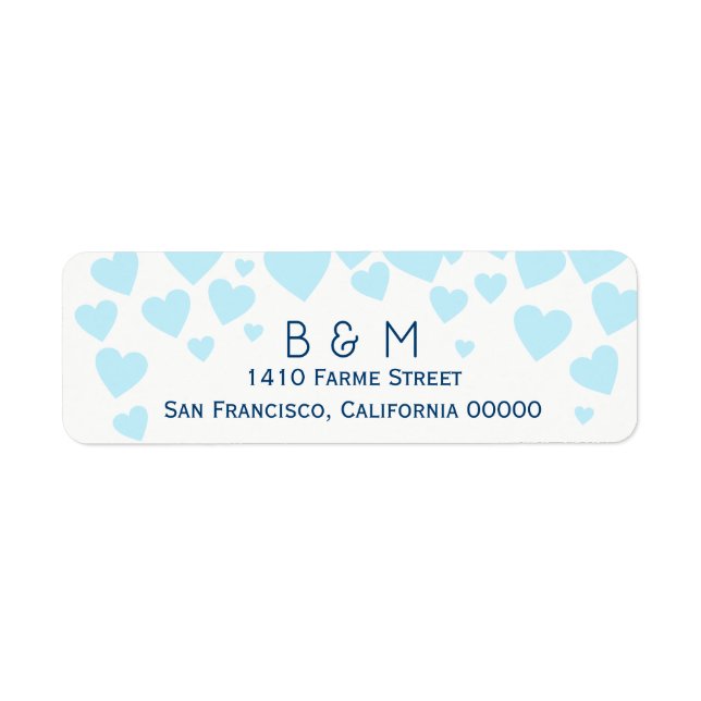initials with blue love hearts wedding return address label (Front)