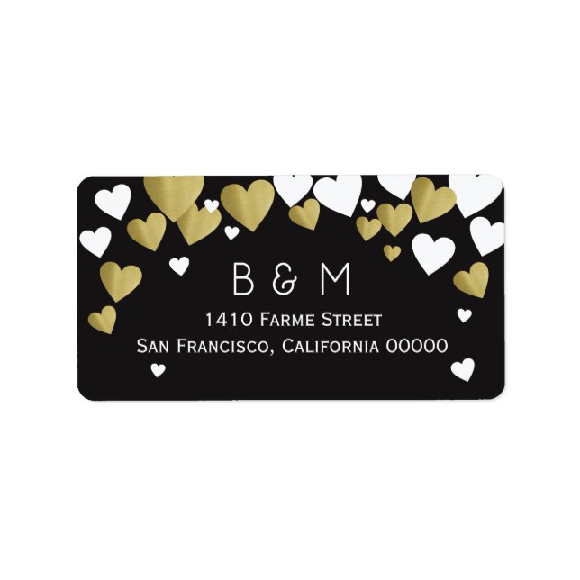 initials with faux gold love hearts, black wedding label (Front)