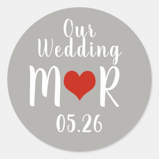 initials with red love heart, grey wedding  classic round sticker (Front)