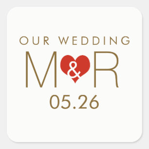 initials with red love heart, our wedding  square sticker