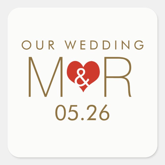 initials with red love heart, our wedding  square sticker (Front)