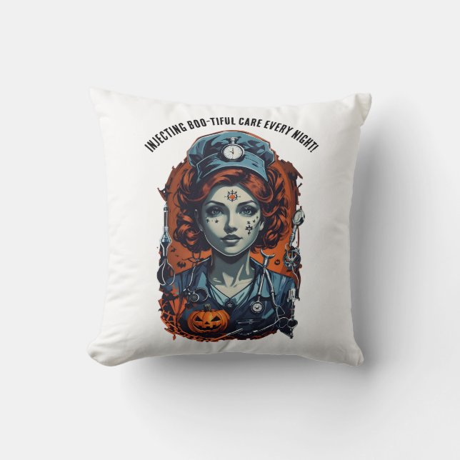 Injecting Boo-tiful Care, Spooky Halloween Nurse Cushion (Front)