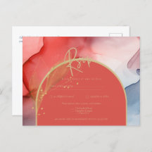 Ink Abstract Red Coral Navy Gold Wedding RSVP