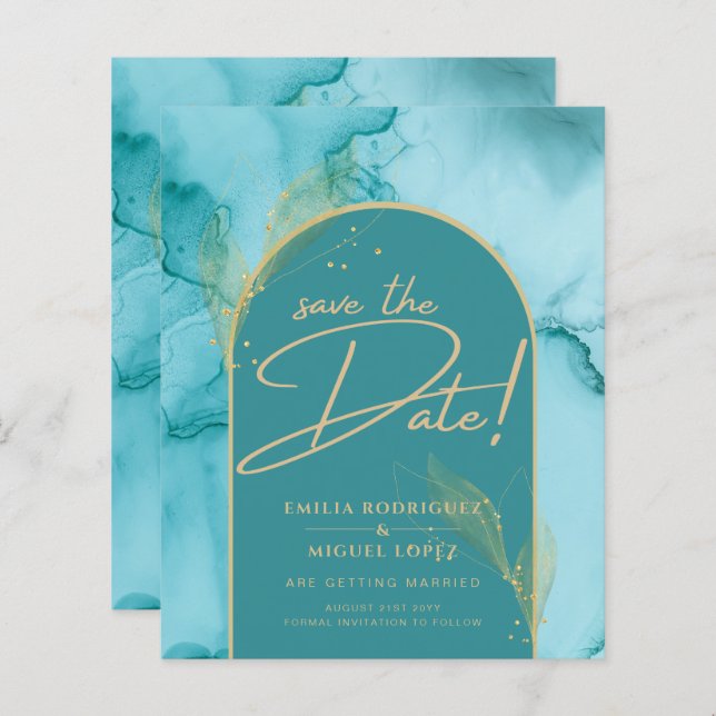 INK Abstract Turquoise Teal Gold Wedding Save DATE (Front/Back)