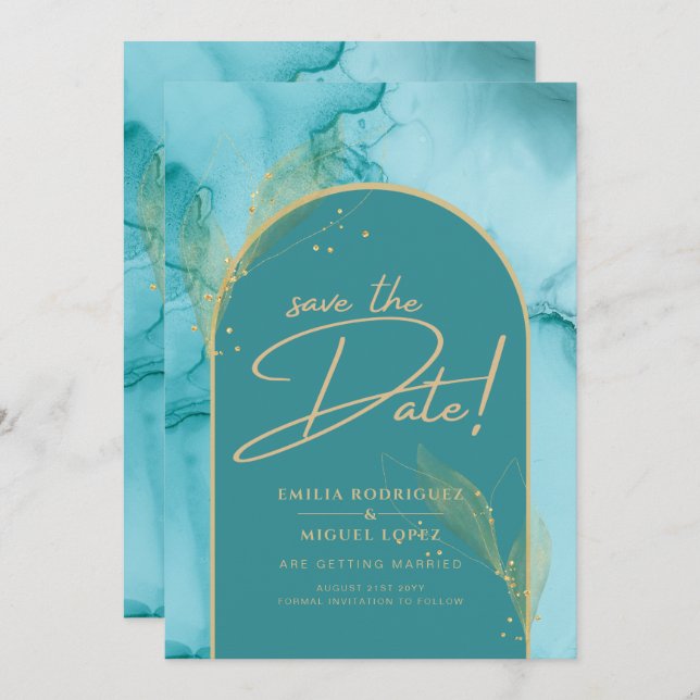 INK Abstract Turquoise Teal Gold Wedding Save DATE Invitation (Front/Back)