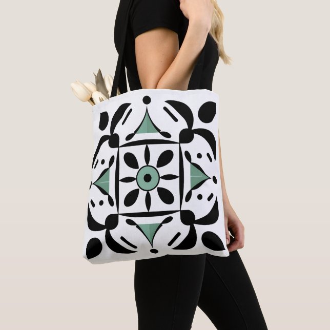 Ink and Mint Contrast Tile Tote Bag (Close Up)