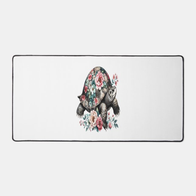 Ink and Wash Turtle with Floral Shell. Desk Mat (Front)