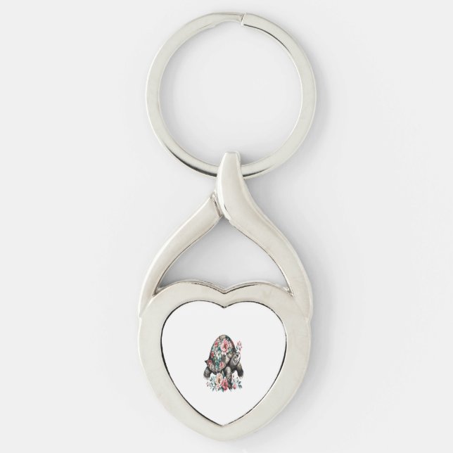 Ink and Wash Turtle with Floral Shell. Key Ring (Front)