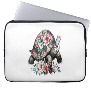 Ink and Wash Turtle with Floral Shell. Laptop Sleeve