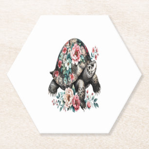 Ink and Wash Turtle with Floral Shell. Paper Coaster