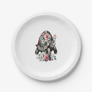 Ink and Wash Turtle with Floral Shell. Paper Plate