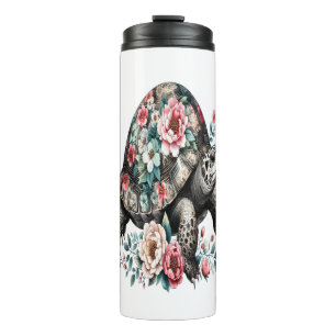 Ink and Wash Turtle with Floral Shell. Thermal Tumbler