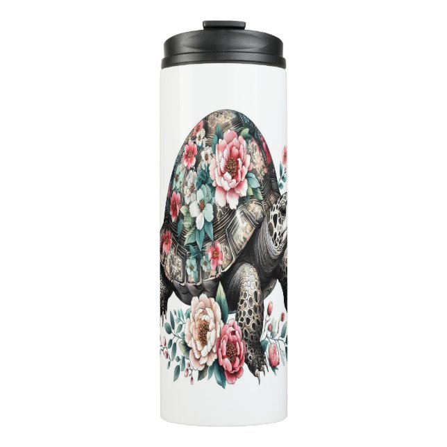 Ink and Wash Turtle with Floral Shell. Thermal Tumbler (Front)