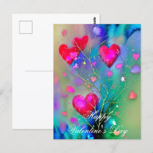 Ink and water tree of hearts valentine postcard