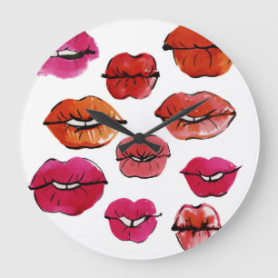 Ink and watercolor lips set large clock