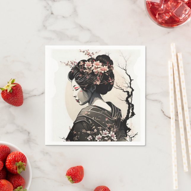 Ink Art Japan Geisha Cherry Blossom -  Napkin (Insitu)