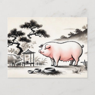 Ink art of Content Pig in Pen with Garden Holiday Postcard