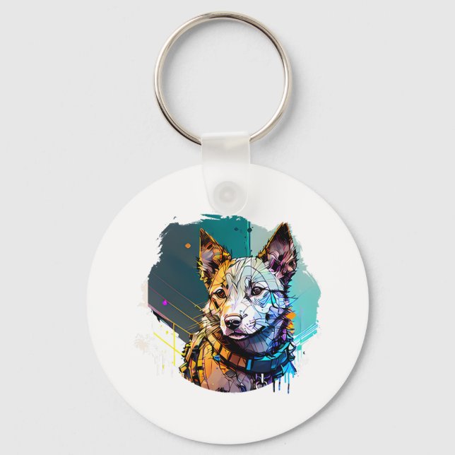 Ink Art Style Dog Portrait Key Ring (Front)