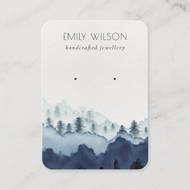 Ink Blue Navy Pine Woods Mountain Earring Display Business Card (Front)