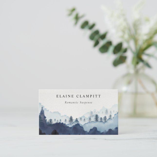 Ink Blue Navy Pine Woods Mountain Wedding Website Business Card (Standing Front)