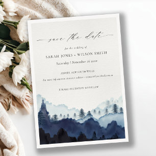 Ink Blue Pine Woods Mountain Save The Date Card