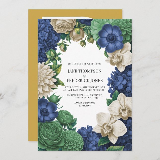 Ink Blue, Slate Green & Winter Sand Wedding Invitation (Front/Back)