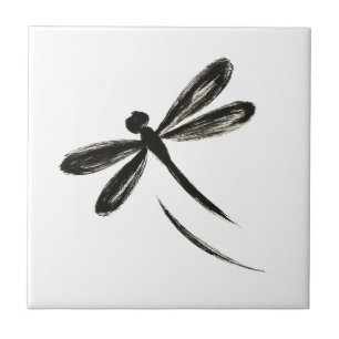 Ink Brush Dragonfly – Minimalist Insect Art on Ceramic Tile