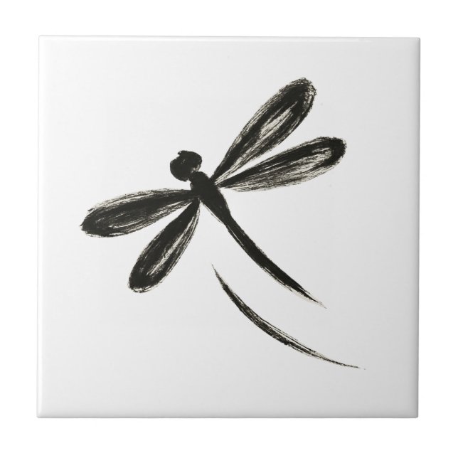 Ink Brush Dragonfly – Minimalist Insect Art on  Ceramic Tile (Front)