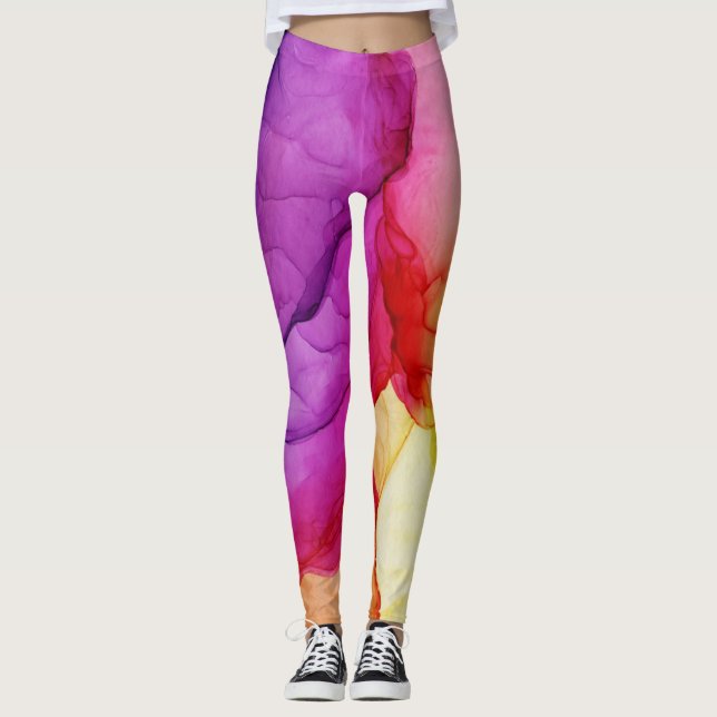 Ink Cloud Swirl Abstract Red Yellow Violet Leggings (Front)