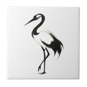 Ink Crane Illustration - Zen Brush Design on Ceramic Tile