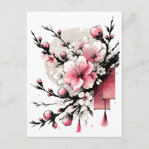 Ink Drawing of Hoa Dao Happy New Year Holiday Postcard