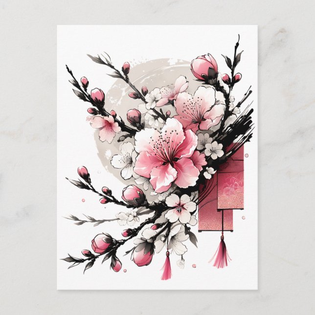 Ink Drawing of Hoa Dao Happy New Year Holiday Postcard (Front)