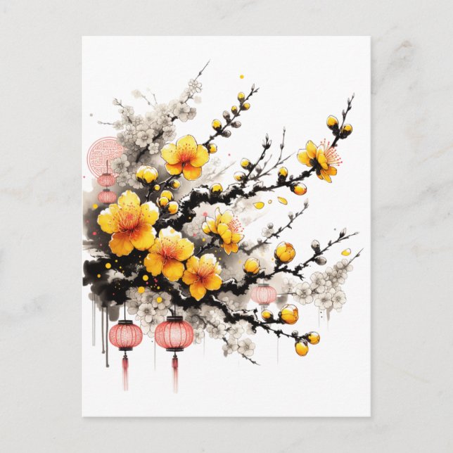 Ink Drawing of Hoa Mai Happy New Year Holiday Postcard (Front)