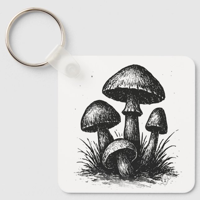 Ink‑Drawn Mushroom Cluster Tote Bag Key Ring (Front)