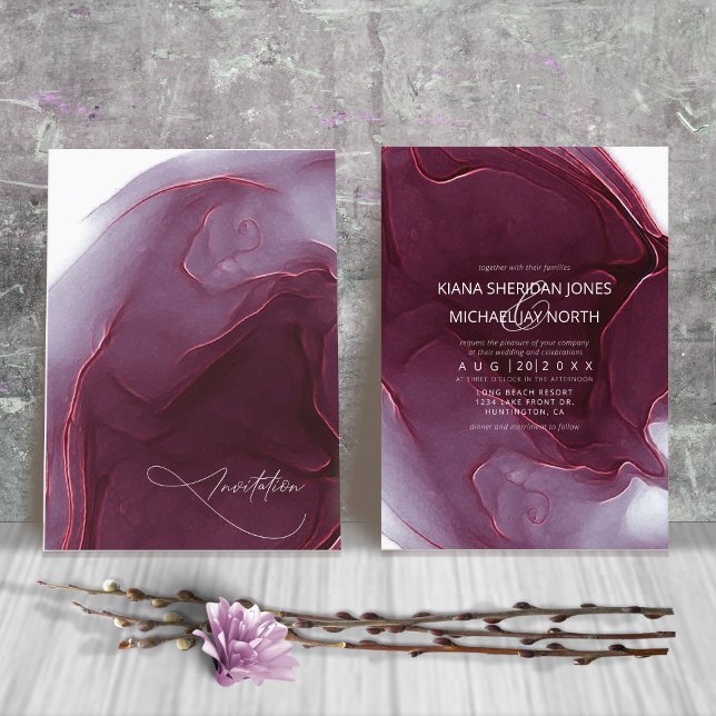 Ink Flow Wedding Burgundy ID762 Invitation (Creator Uploaded)
