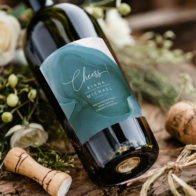 Ink Flow Wedding Teal ID762 Wine Label (Creator Uploaded)