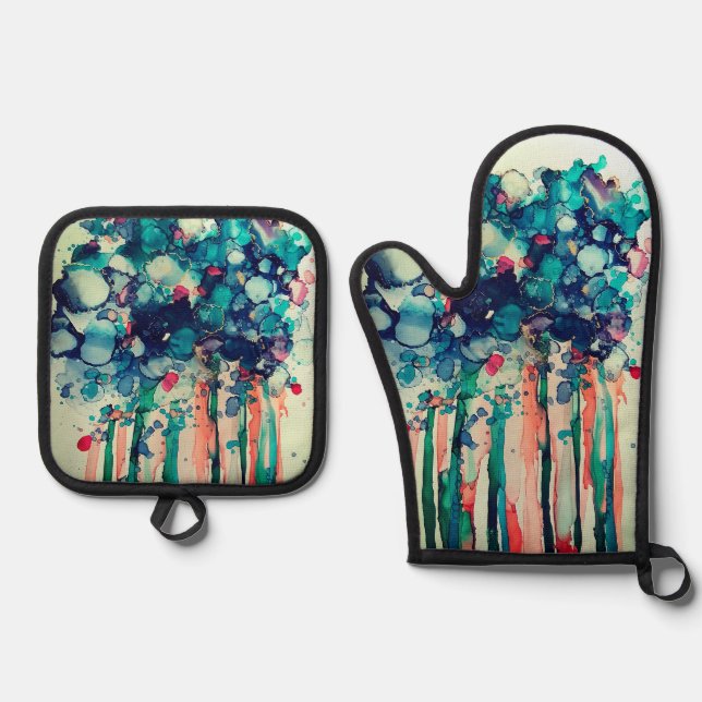 Ink flowers oven mitt & pot holder set (Front)