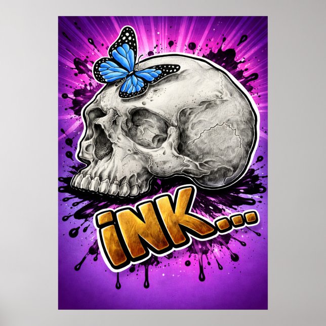 INK… Hand-Drawn Skull with Butterfly Poster (Front)