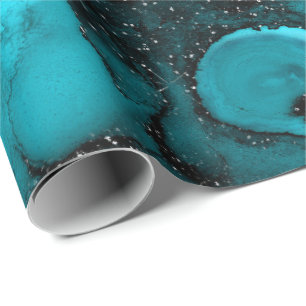 Ink Liquid Paint Blue Tiffany Sapphire Black Glam Wrapping Paper
