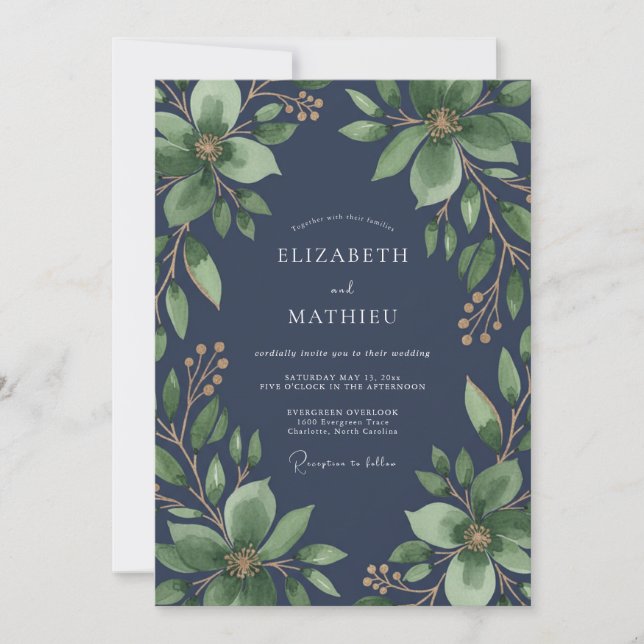 Ink Magnolia Leafy Wedding Invitation (Front)
