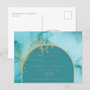 INK Ocean Turquoise Teal Gold Wedding RSVP Postcard